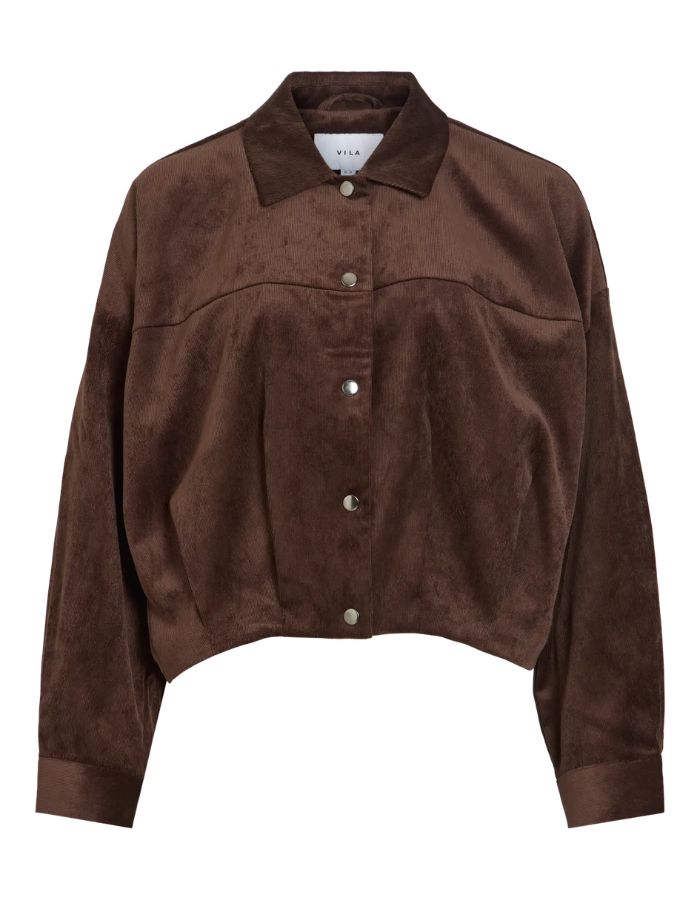 Veste pour femme en velours côtelé couleur chocolat, modèle Courdie L/S Jacket de ROUGE EDIT. Encolure col V et fermeture boutonnée.