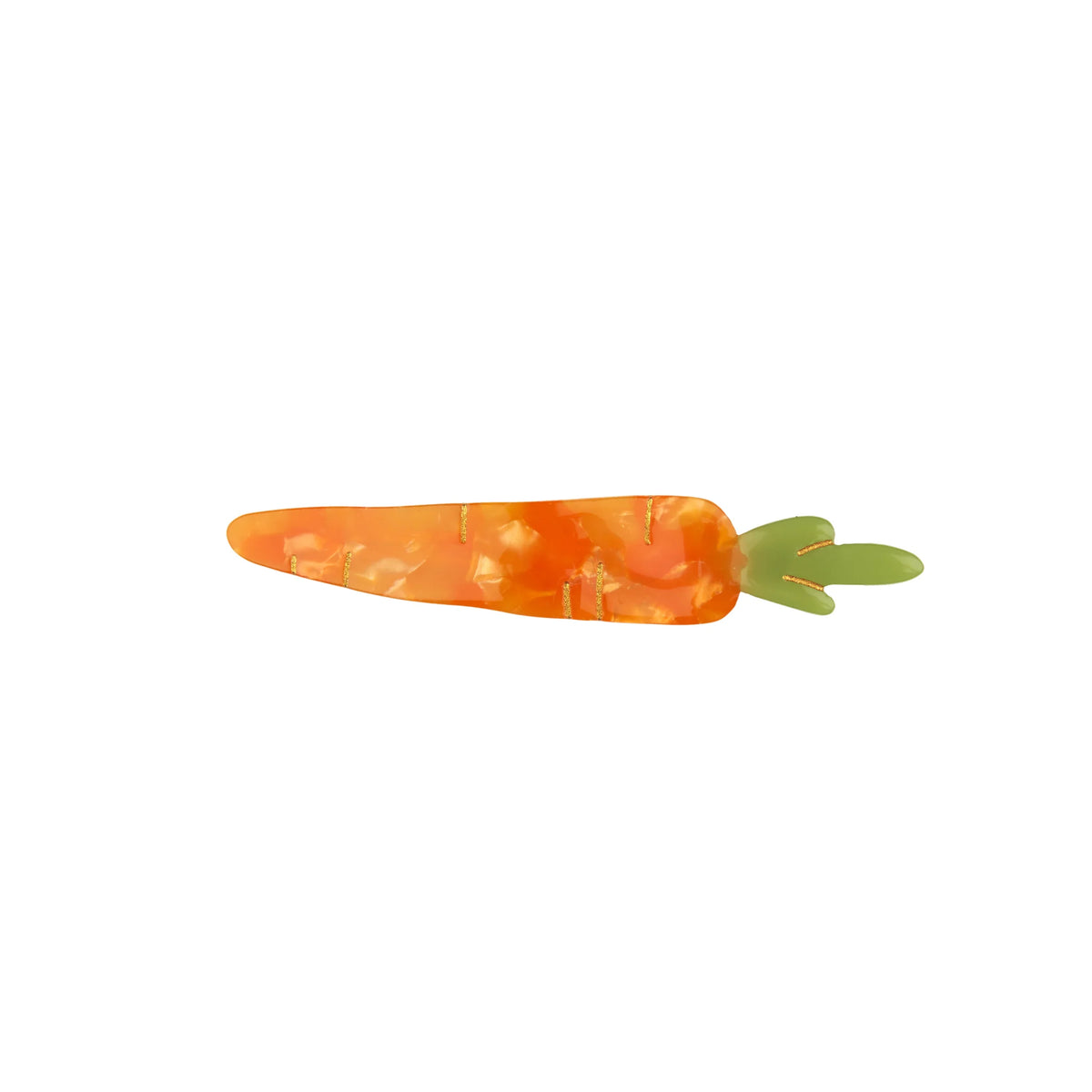 Barrette Carotte orange en acétate avec des détails dorés et des feuilles vertes.