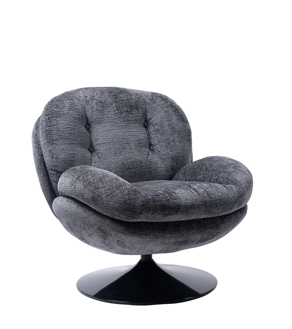 Fauteuil Loveuse Gris rétro avec rembourrage moelleux et base pivotante en métal noir.