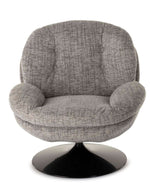 Vue de face du Fauteuil pivotant Loveuse en tissu chiné gris souris. Assise large et profonde, base ronde stable en métal noir. Design rétro-contemporain idéal pour un coin lecture ou un salon cosy.