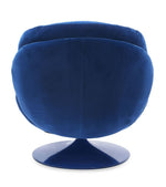 Fauteuil loveuse pivotant en velours bleu nuit avec base ronde en métal.
