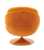 Fauteuil loveuse orange vif en velours avec base pivotante dorée, vue de dos.