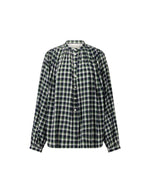 Blouse ample pour femme en coton bleu marine navy à carreaux, modèle Poppy de la marque Laurence Bras. Présente un col officier et des manches longues froncées.