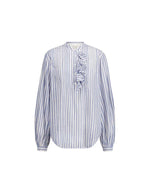Blouse ample pour femme en coton bleu à rayures, modèle Fa de la marque Laurence Bras. Présente un col rond, des volants asymétriques sur le devant et des manches bouffantes.