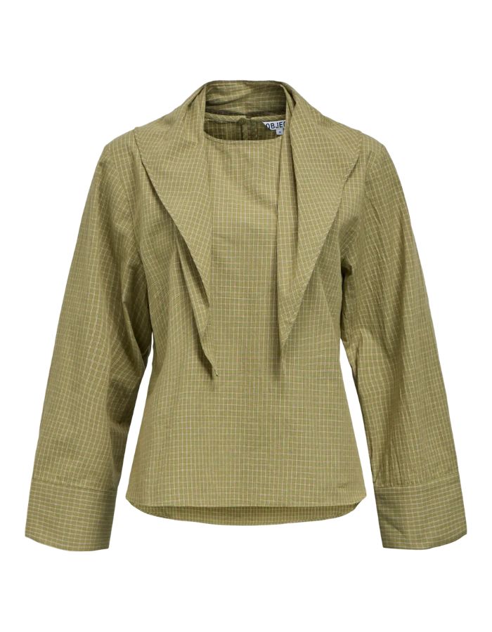 Blouse imprimée en coton biologique jacquard vert bronze et orange avec col rond et manches longues