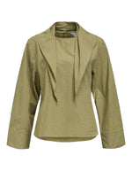 Blouse imprimée en coton biologique jacquard vert bronze et orange avec col rond et manches longues