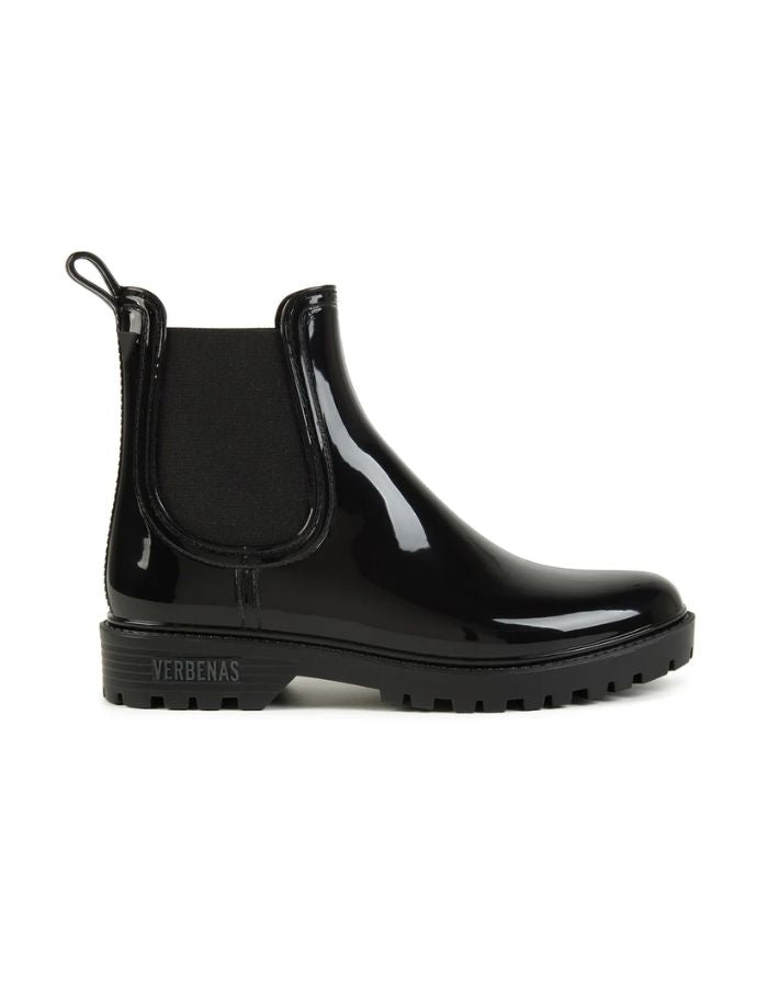 Bottine de pluie Gaudi Verbenas noire brillante style Chelsea avec semelle crantée.