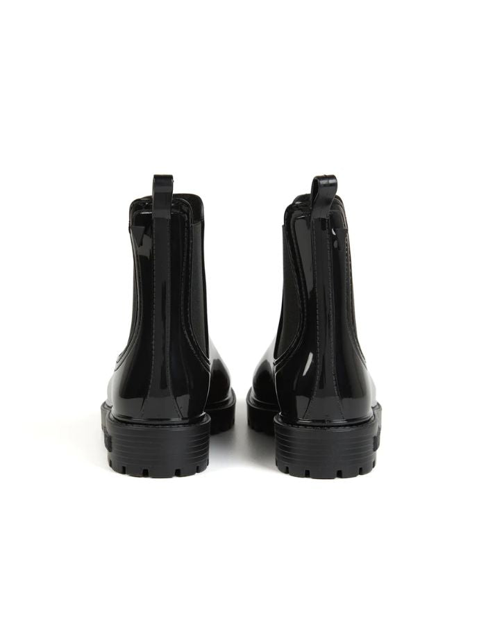 Paire de bottines de pluie Gaudi noires brillantes, style Chelsea, avec semelles épaisses en caoutchouc.