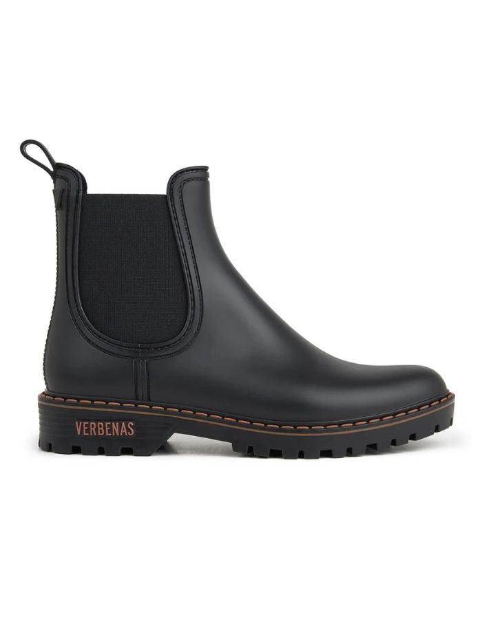 Bottines de pluie pour femme en PVC noir avec élastique latéral et semelle crantée, modèle Gaudi Countryside Noir de la marque VERBENAS.