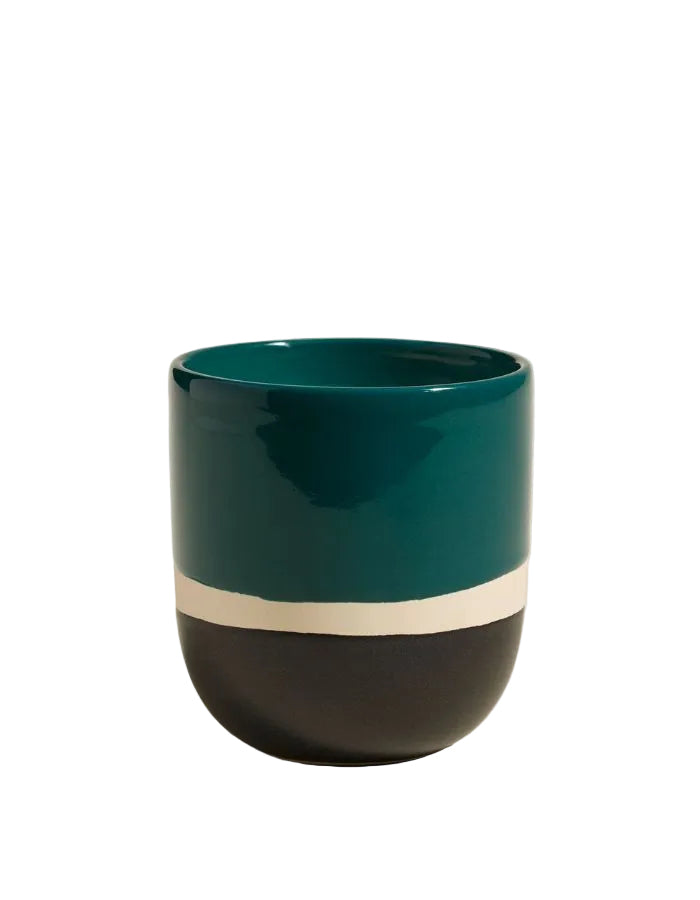 Bougie Sicilia Songe d'Orient en grès bleu Sarah brillant, bande crème et base mat Radis Noir.