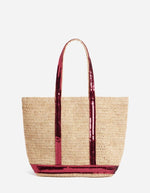 Grand cabas en raphia naturel avec anses et base ornées de sequins rouges "Lipstick".