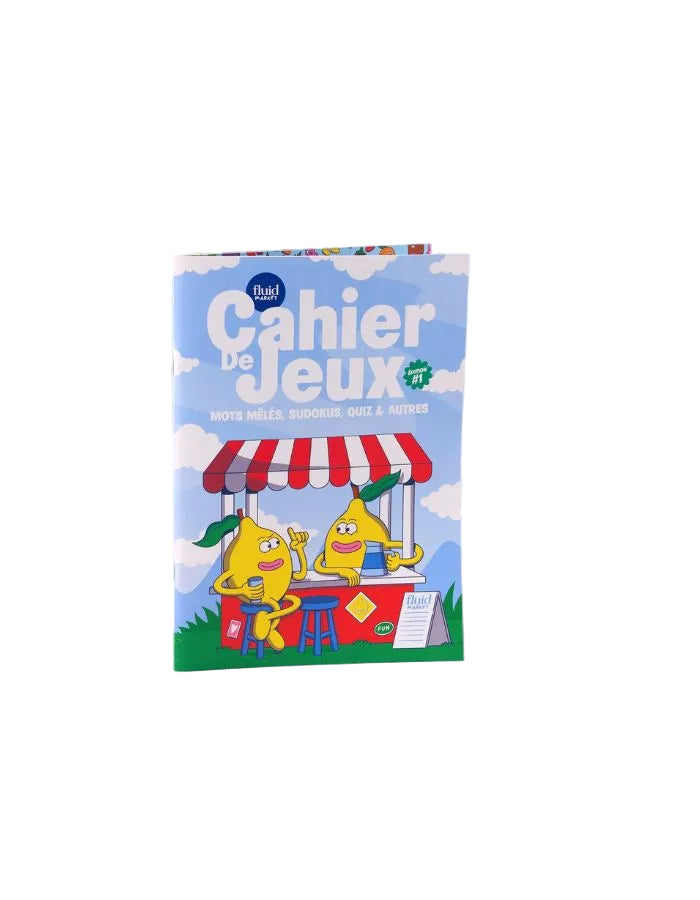 Découvrez le cahier de jeux Fluid Market x Dirtypote. 60 pages de sudokus, quiz et mots mêlés exclusifs en français pour s'amuser en famille ou entre amis.