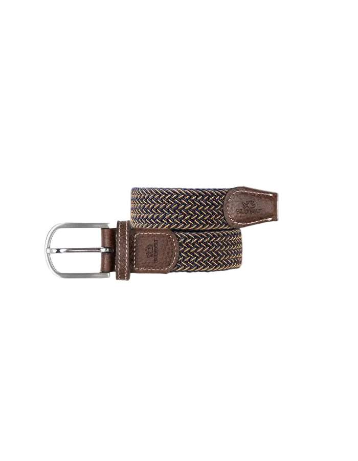 Ceinture tressée élastique multicolore Havane Billy Belt avec finitions en cuir et boucle en alliage de zinc.