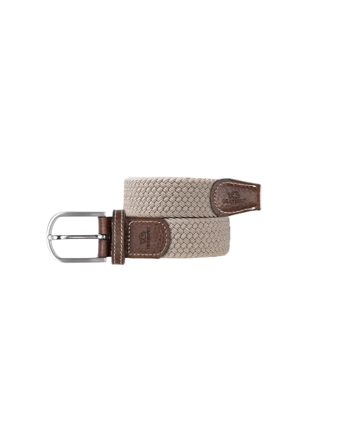 Ceinture tressée élastique unie beige avec finitions en cuir de vachette et boucle en alliage de zinc.