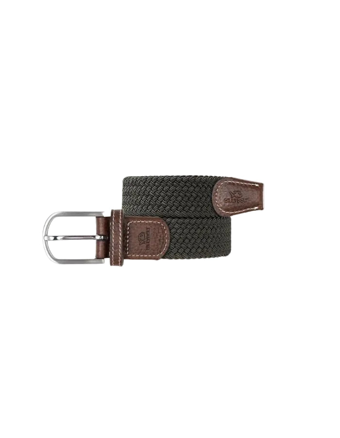 Ceinture tressée élastique unie kaki Billy Belt avec finitions en cuir de vachette et boucle en alliage de zinc.