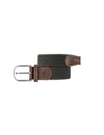 Ceinture tressée élastique unie kaki Billy Belt avec finitions en cuir de vachette et boucle en alliage de zinc.