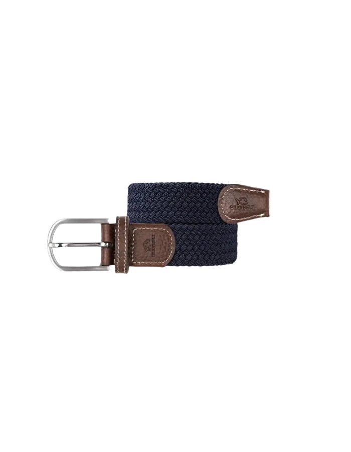 Ceinture tressée élastique marine avec finitions en cuir de vachette et boucle en alliage de zinc.