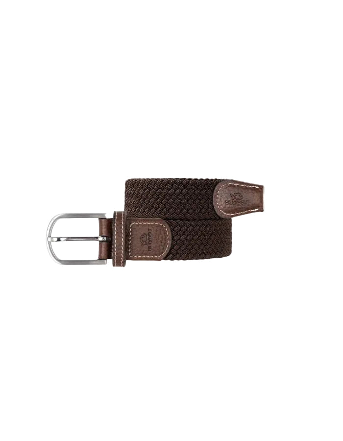 Ceinture tressée élastique unie marron avec finitions en cuir de vachette et boucle en alliage de zinc.