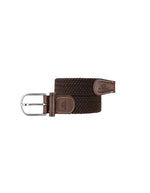Ceinture tressée élastique unie marron avec finitions en cuir de vachette et boucle en alliage de zinc.