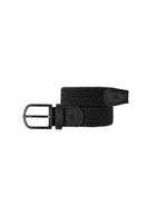 Ceinture tressée élastique noire Billy Belt avec finitions en cuir de vachette et boucle en alliage de zinc.