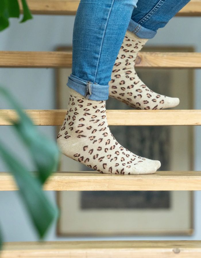 Chaussettes léopard pailletées - Beige