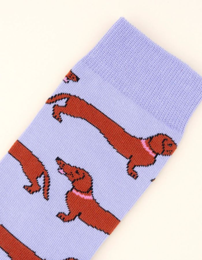 Chaussettes lilas en coton avec motif teckels marron et colliers roses.