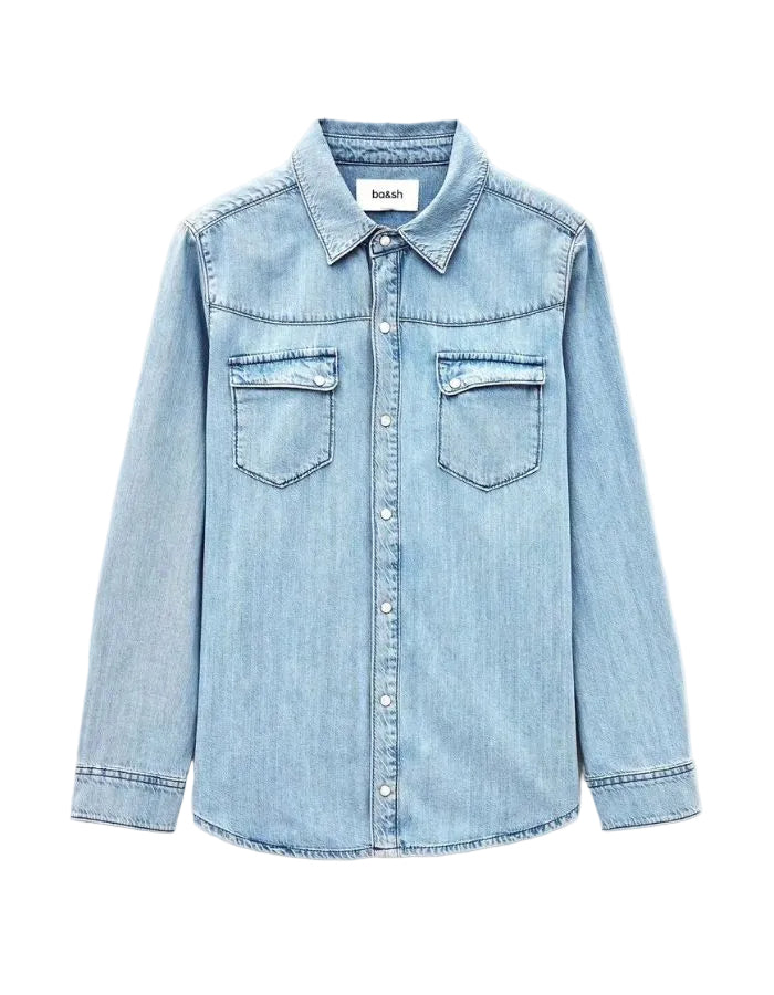 Chemise Adali Ba&sh bleu clair délavé, coupe fluide, deux poches poitrine et boutons nacrés.