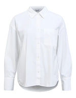 Chemise blanche à manches longues pour femme, modèle Zila de la marque Object. Tissu tissé en coton biologique et Tencel avec un imprimé discret sur toute la surface, poche poitrine et col classique.