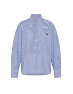 Chemise Clare Azzurro Momoni en coton rayé bleu et blanc, coupe ajustée, broderie héraldique sur poche.