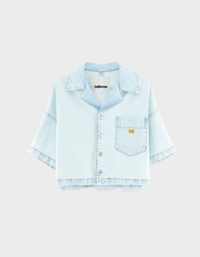 Chemise en denim Poppa Ice Bleach Bellerose, coupe oversized courte, bleu très clair délavé, poche poitrine avec logo "bb" brodé.