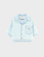 Chemise en denim Poppa Ice Bleach Bellerose, coupe oversized courte, bleu très clair délavé, poche poitrine avec logo "bb" brodé.