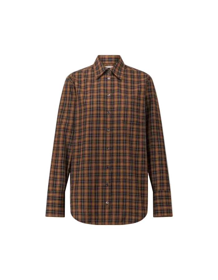 Chemise droite à carreaux marron pour femme en coton, modèle Babille de la marque Laurence Bras. Présente des manches longues et une poche à rabat plaquée sur la poitrine.