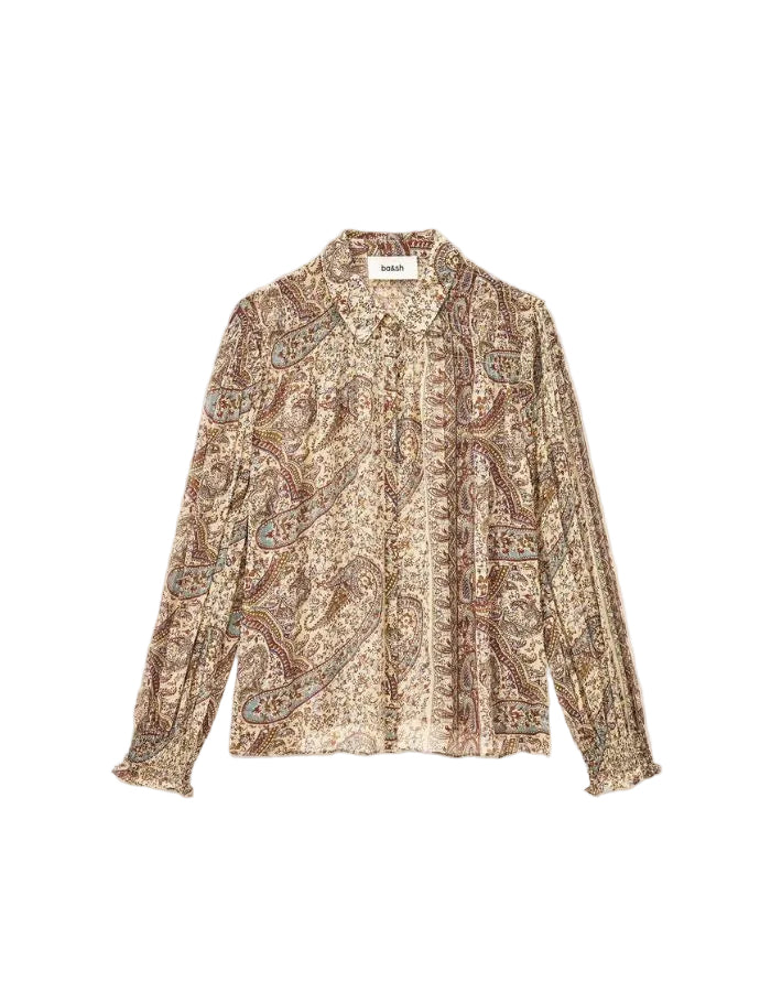 Chemise fluide à manches longues pour femme de couleur bleue à motifs imprimés, modèle Cleo de la marque Ba&sh. Présente une coupe droite ample avec fermeture boutonnée, des smocks élastiques décoratifs aux épaules et aux poignets terminés par un petit volant froncé