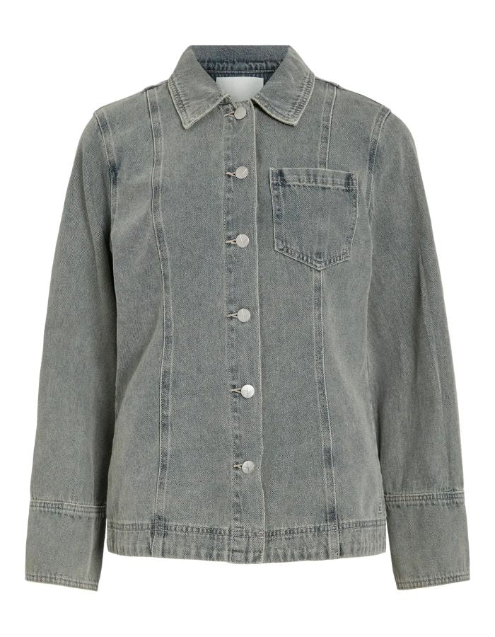 Chemise en denim bleu clair Vivian, coupe regular, col chemise, boutonnée, poche poitrine.