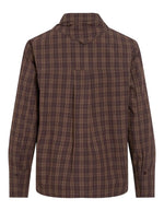 Dos de la Chemise à manches longues pour femme de couleur marron foncé à motif végétal délicat Seal Brown Fields Of Rye, modèle Rona de la marque Rouge Edit. Présente une coupe droite fluide esprit oversize, un col chemise, une fermeture boutonnée et deux poches plaquées sur la poitrine.