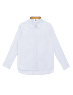 Chemise rayée écru et bleu pour femme avec col et poignets contrastés camel, poche poitrine brodée du monogramme, modèle Carli de la marque La Petite Étoile