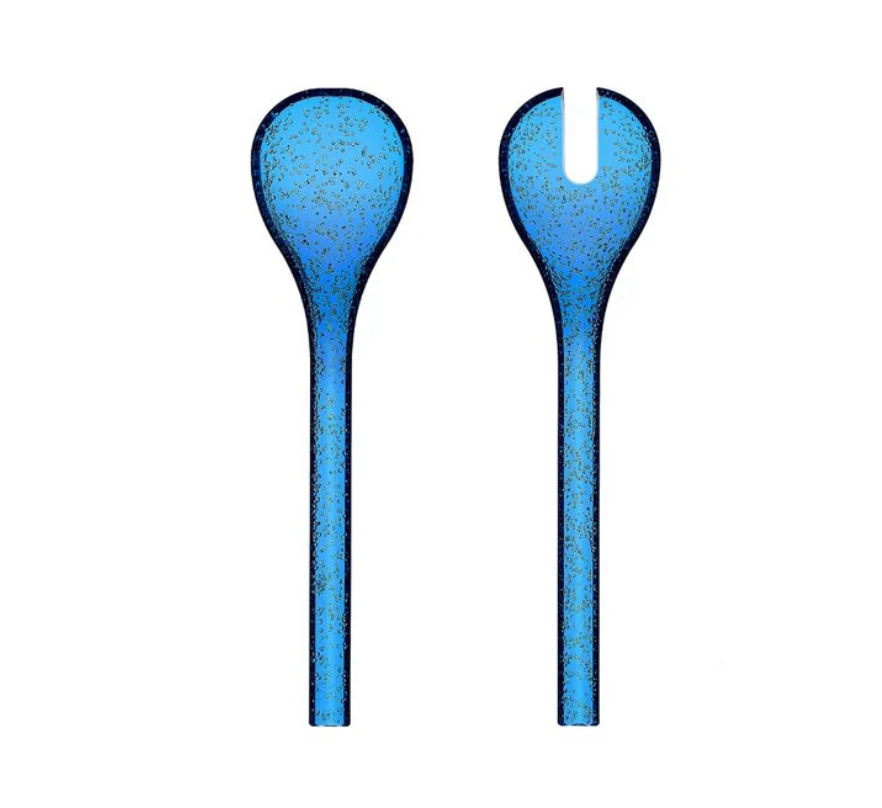 Couverts à salade Memento Synth en plexi bleu nuit avec bulles d'air, une cuillère et une fourchette.