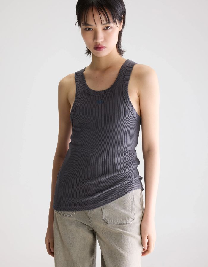 Débardeur Fikas Raf Bellerose gris chiné slim fit en jersey côtelé avec dos nageur et broderie "bb".