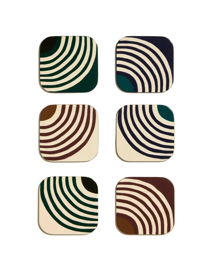 Set de 6 dessous de verre Mirage en MDF laqué, motifs cinématiques courbes tricolores.