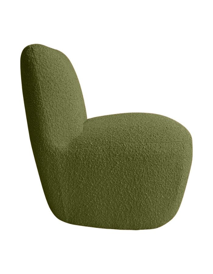 Profil du Petit fauteuil compact 1 place en tissu bouclette kaki avec dossier ergonomique, modèle Eve de la marque OPJET.