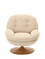 Vue de face du Fauteuil loveuse pivotant capitonné en tissu beige avec pied tulipe en métal finition bois naturel, style rétro