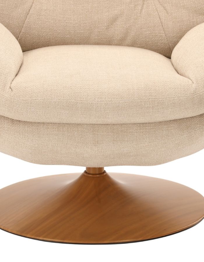 Matière du Fauteuil loveuse pivotant capitonné en tissu beige avec pied tulipe en métal finition bois naturel, style rétro