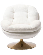Fauteuil loveuse bouclette blanc rétro avec base pivotante dorée.