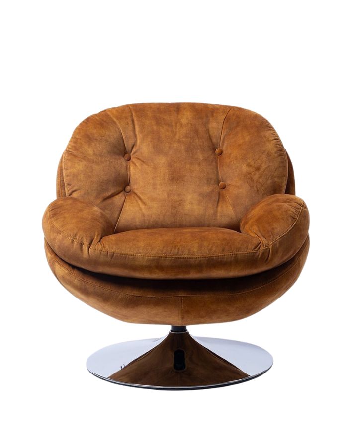 Fauteuil Loveuse Gold pivotant avec assise capitonnée marron et base ronde en métal chromé.