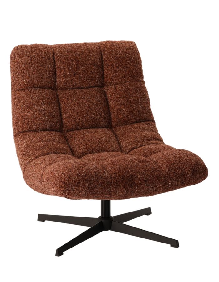 Profil du Fauteuil de salon bordeaux chiné en tissu avec pieds en métal, assise large de 78 cm et dossier haut de 93 cm, modèle Montclar.