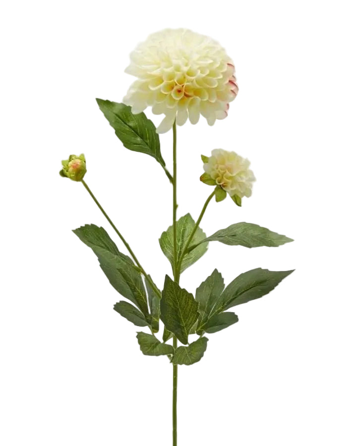 Fleur artificielle Dahlia Blanc Enzo de Gasperi, réaliste, avec grande fleur crème, petite fleur et bouton floral.
