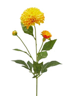 Fleur artificielle Dahlia Jaune Enzo de Gasperi, réaliste avec pétales doux et feuilles vertes.