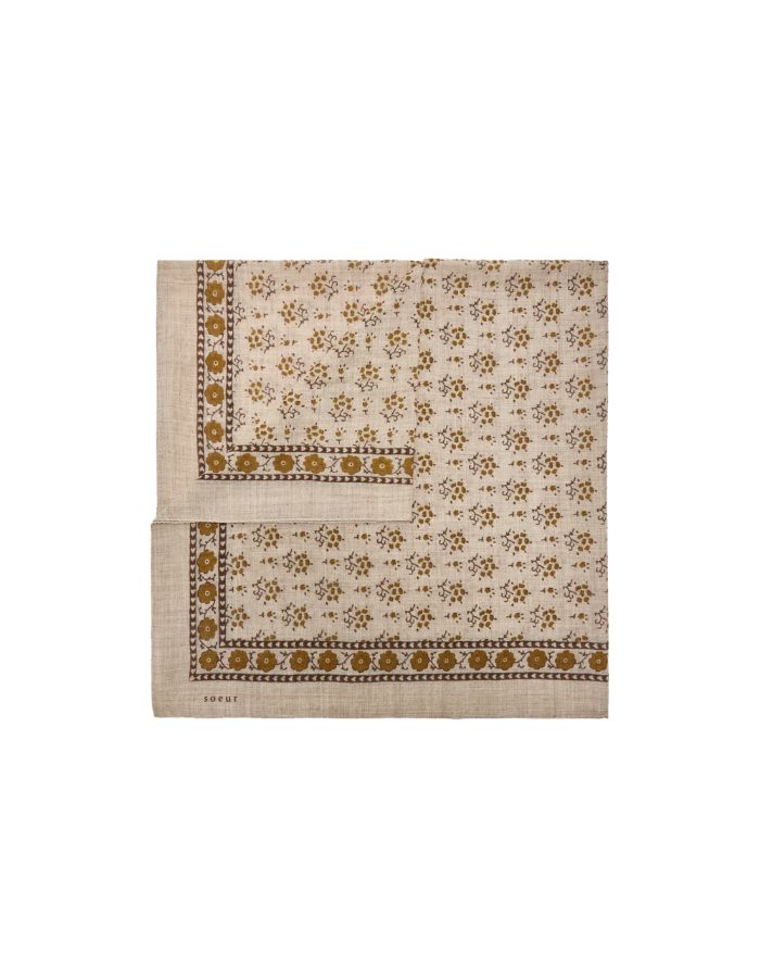 Foulard carré Classique beige et kaki en twill de laine Soeur