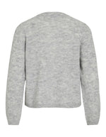 Dos du Gilet col rond pour femme en maille gris clair chiné Light Grey Melange, modèle Lory O-Neck Cardigan de la marque VILA. Présente des manches longues, des boutons sur le devant et des finitions en bord-côte au col, aux poignets et au bas.