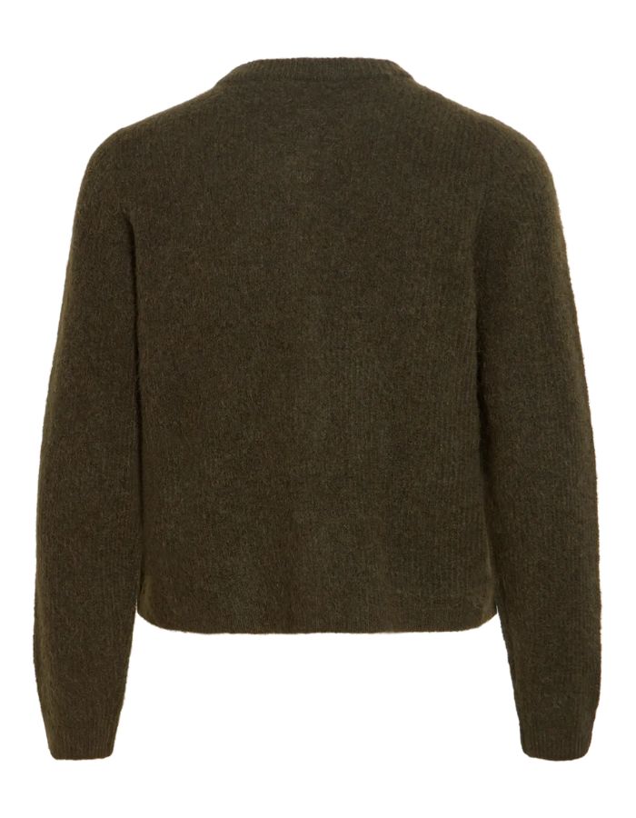Dos du Gilet col rond pour femme en maille vert forêt chiné Forest Night Melange, modèle Lory O-Neck Cardigan de la marque VILA. Présente des manches longues, des boutons sur le devant et des finitions en bord-côte au col, aux poignets et au bas.